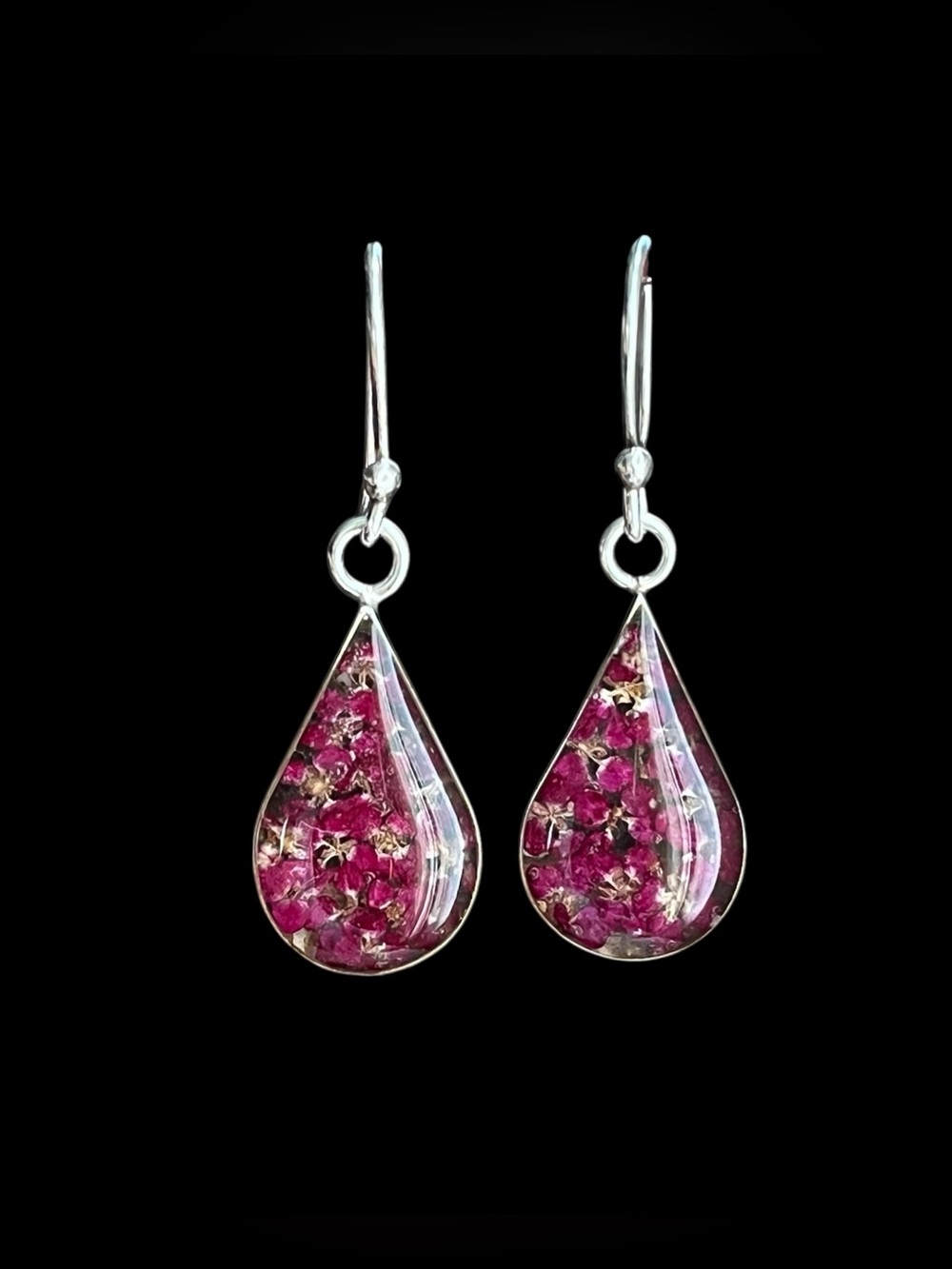 Vintage 925 Sterling Silver Pressed Dried Flower Resin Teardrop Earrings